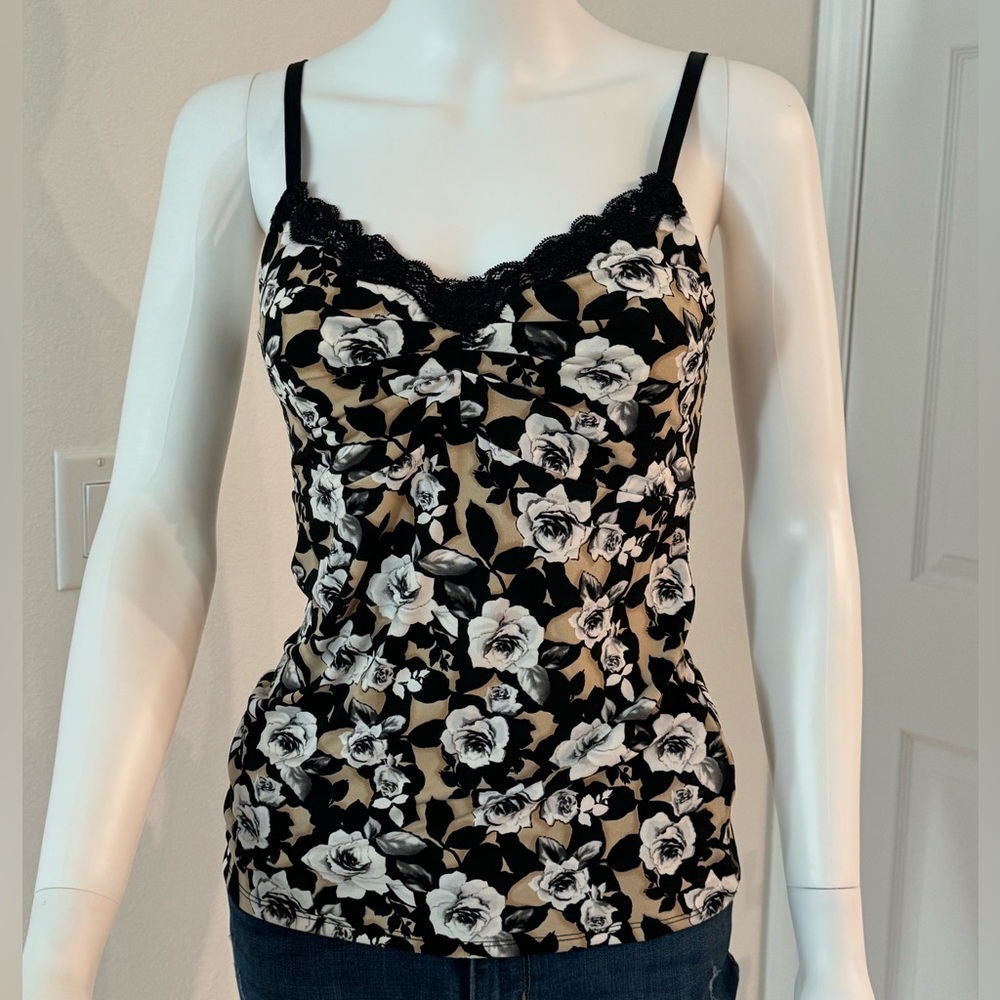 WHBM Women's Black and Beige Floral Cami Tank Size Small